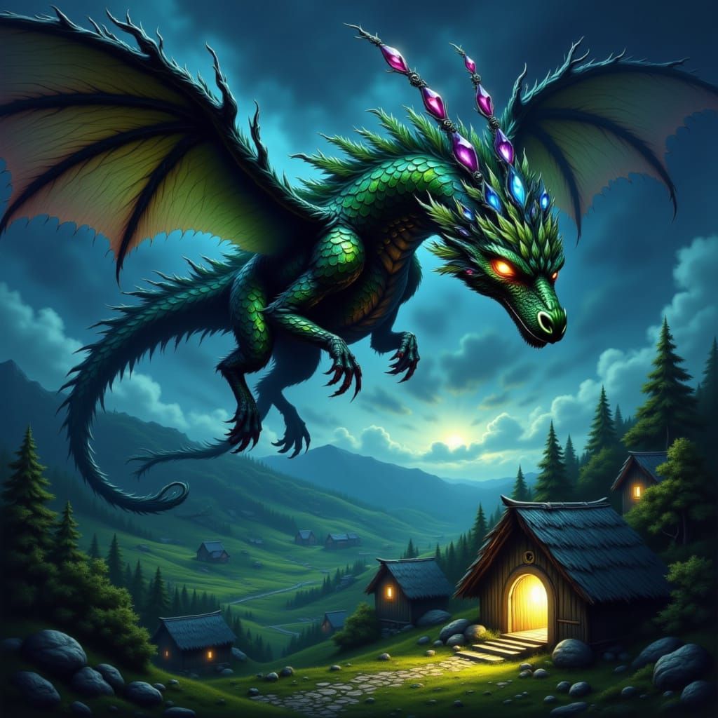 Emerald Dragon Soars Over a Village in a Fantasy Realm