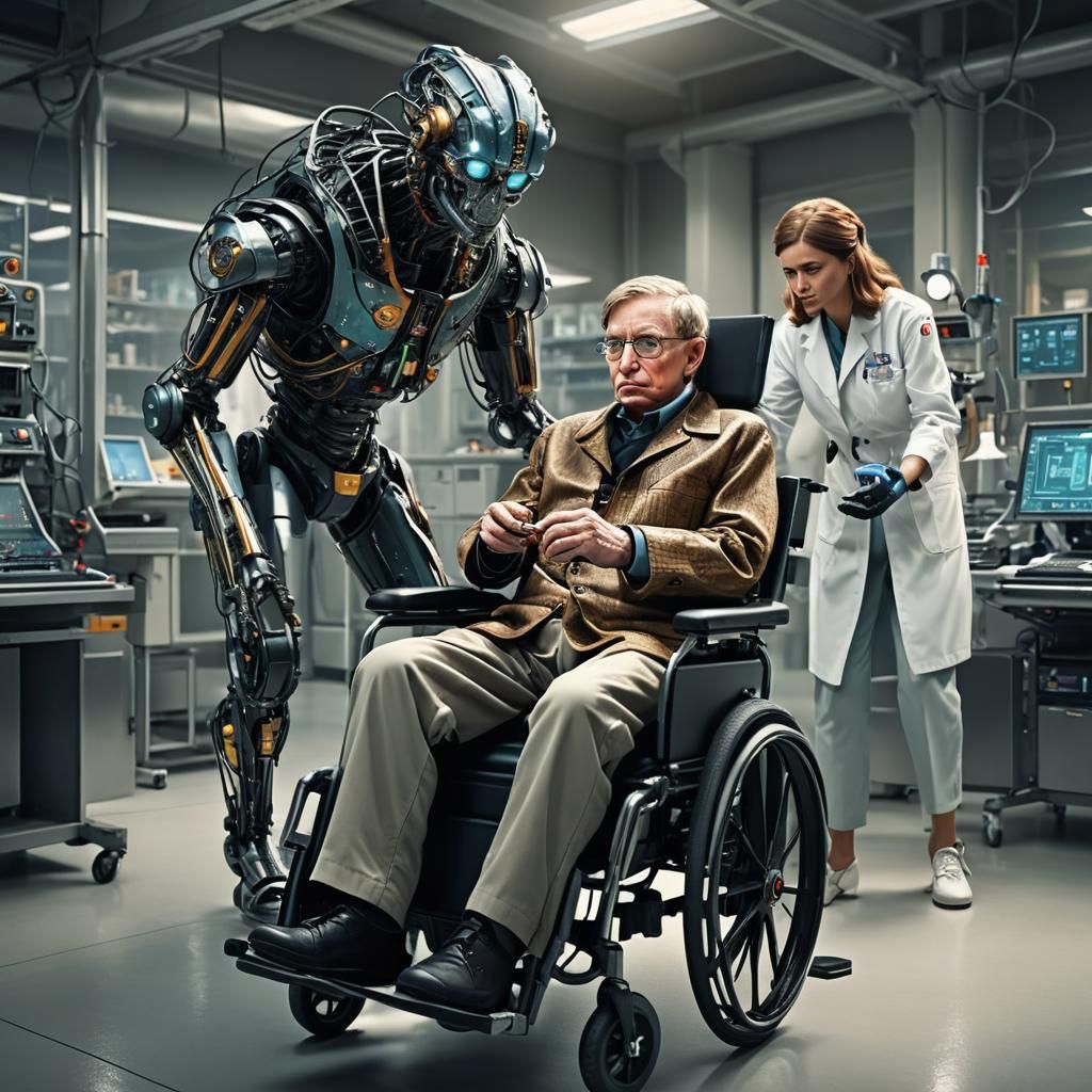 Stephen Hawking in a Lab with Amazonian Nurse