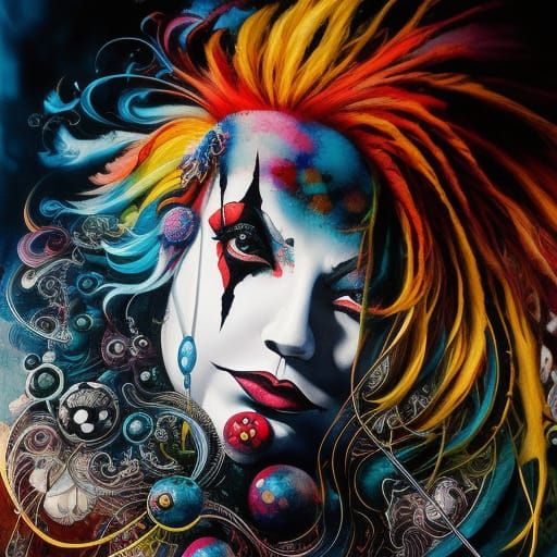 Intricate Colorful Clown in Gouache Painting Style