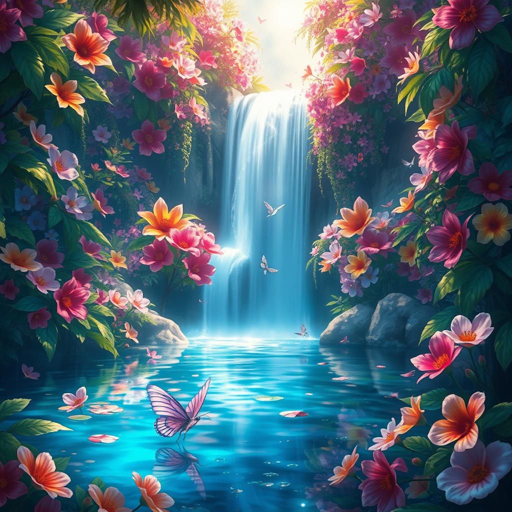 Rainbow Garden Waterfall: Digital Paradise Concept Art