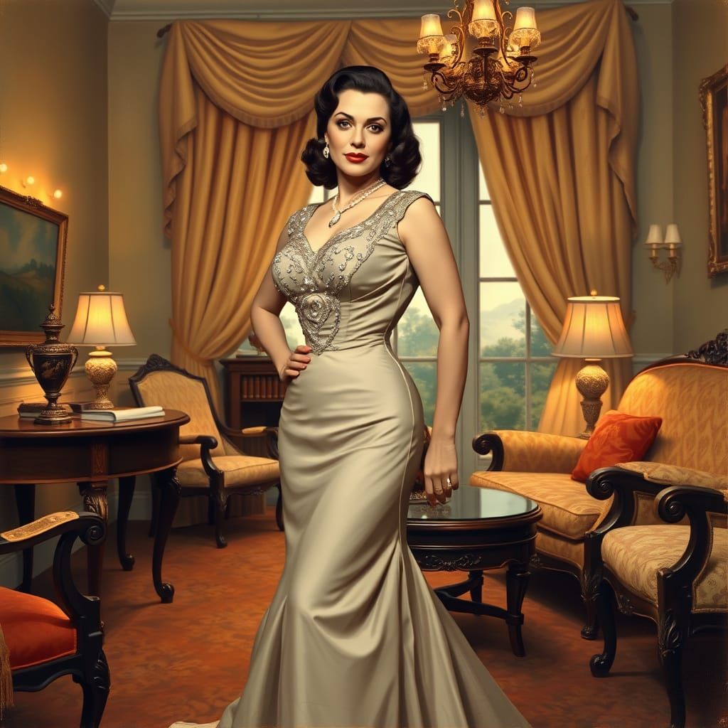 Elegant Woman in 1940s Evening Gown, Norman Rockwell-Inspire...