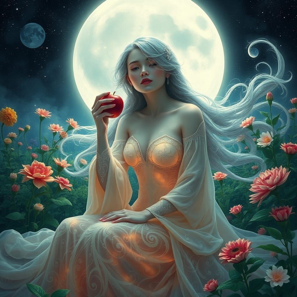 Lunar Goddess in Enchanted Garden, Digital Art