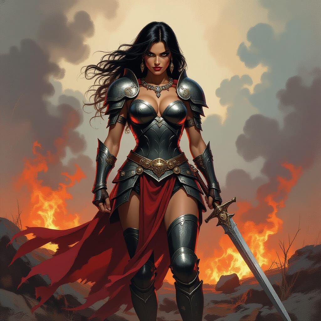 Fierce Armored Goddess in Dramatic Fantasy Art Style
