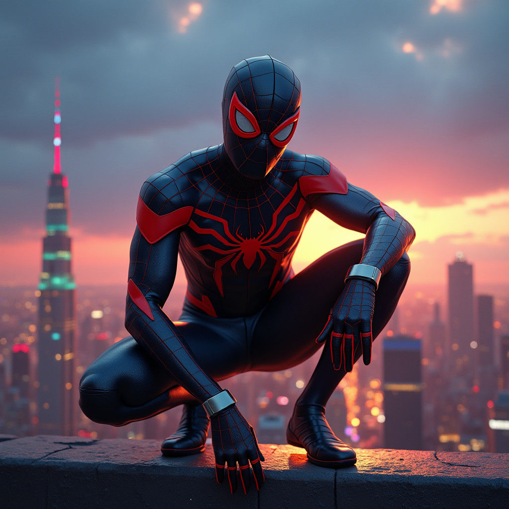 Spider-Man Posing in Cyberpunk Cityscape