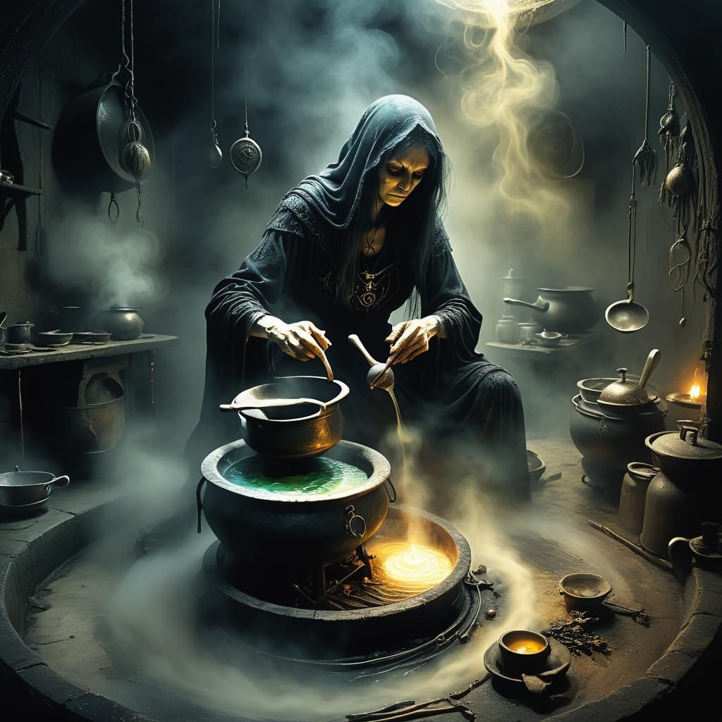 Kitchen Witch Stirring Cauldron in Dark Fantasy Style