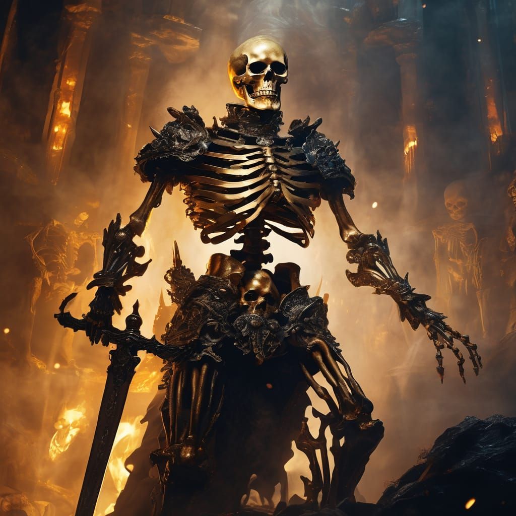 Skeleton King with Sword in Dark Fantasy Oil Painting