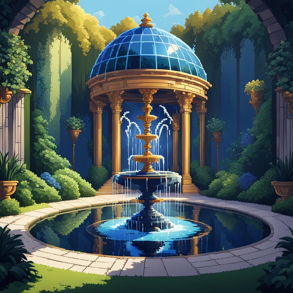 Lush Botanical Garden Pixel Art with Golden Fountains