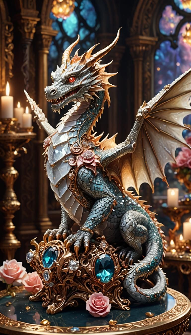 Diamond Dragon on Gemstone Table, Magical Realism