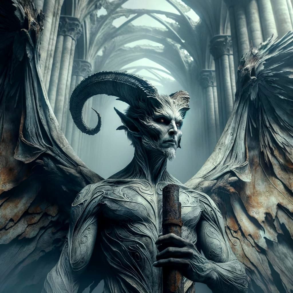 Towering Fae Figure in Ruined Cathedral