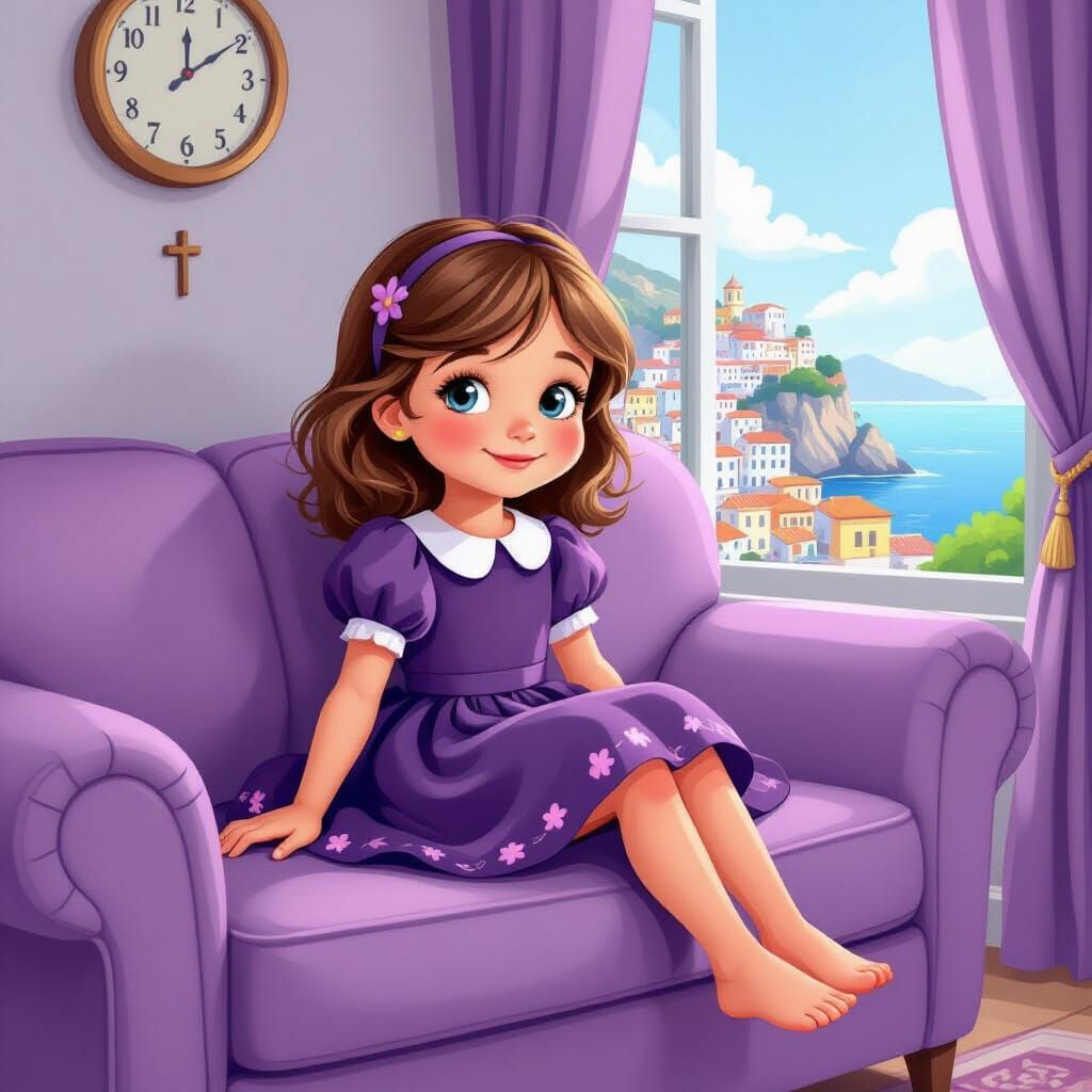 Italian Girl Watches TV on Couch in Cartoon Style