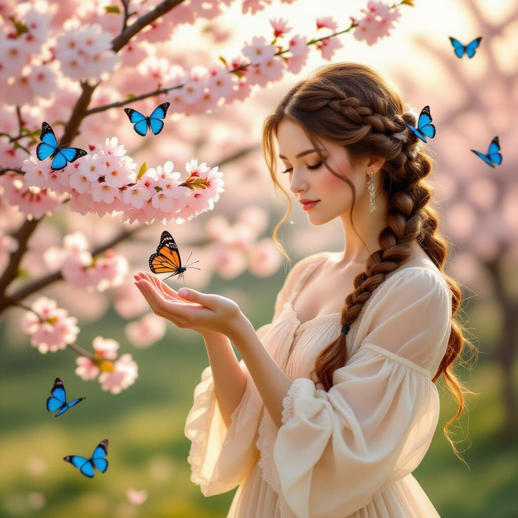 Woman With Butterfly and Cherry Blossoms