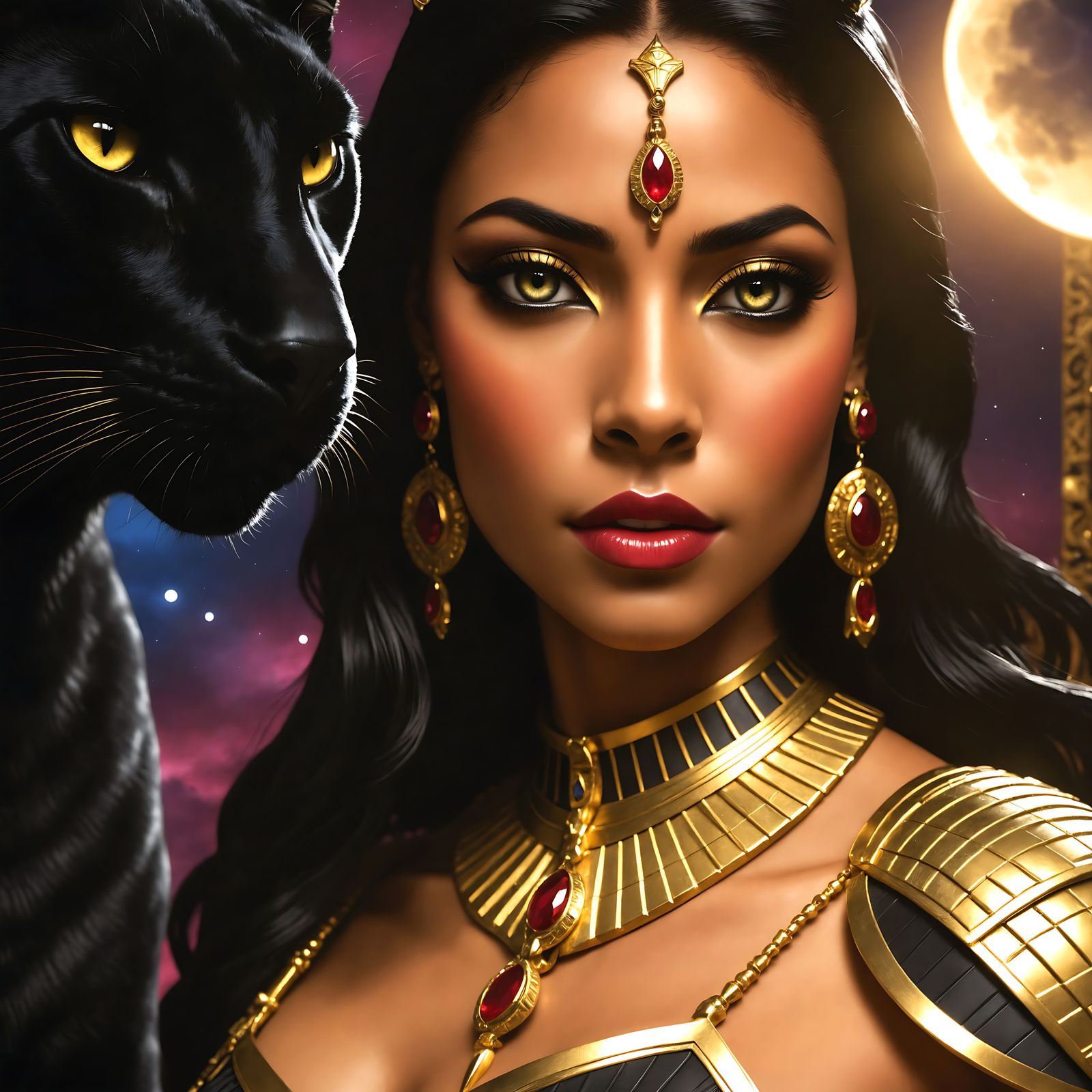 Egyptian Goddess Bastet in Mythical Black and Gold Armour