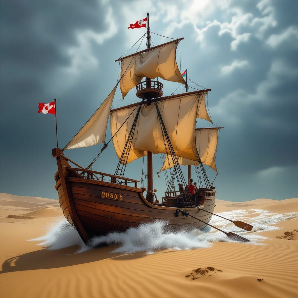 Charming Ship with Wheels and Sails in Stormy Desert Ocean