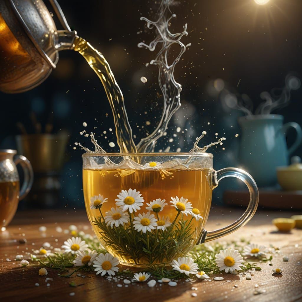 Hyperrealistic Chamomile Tea Mug with Dramatic Lighting