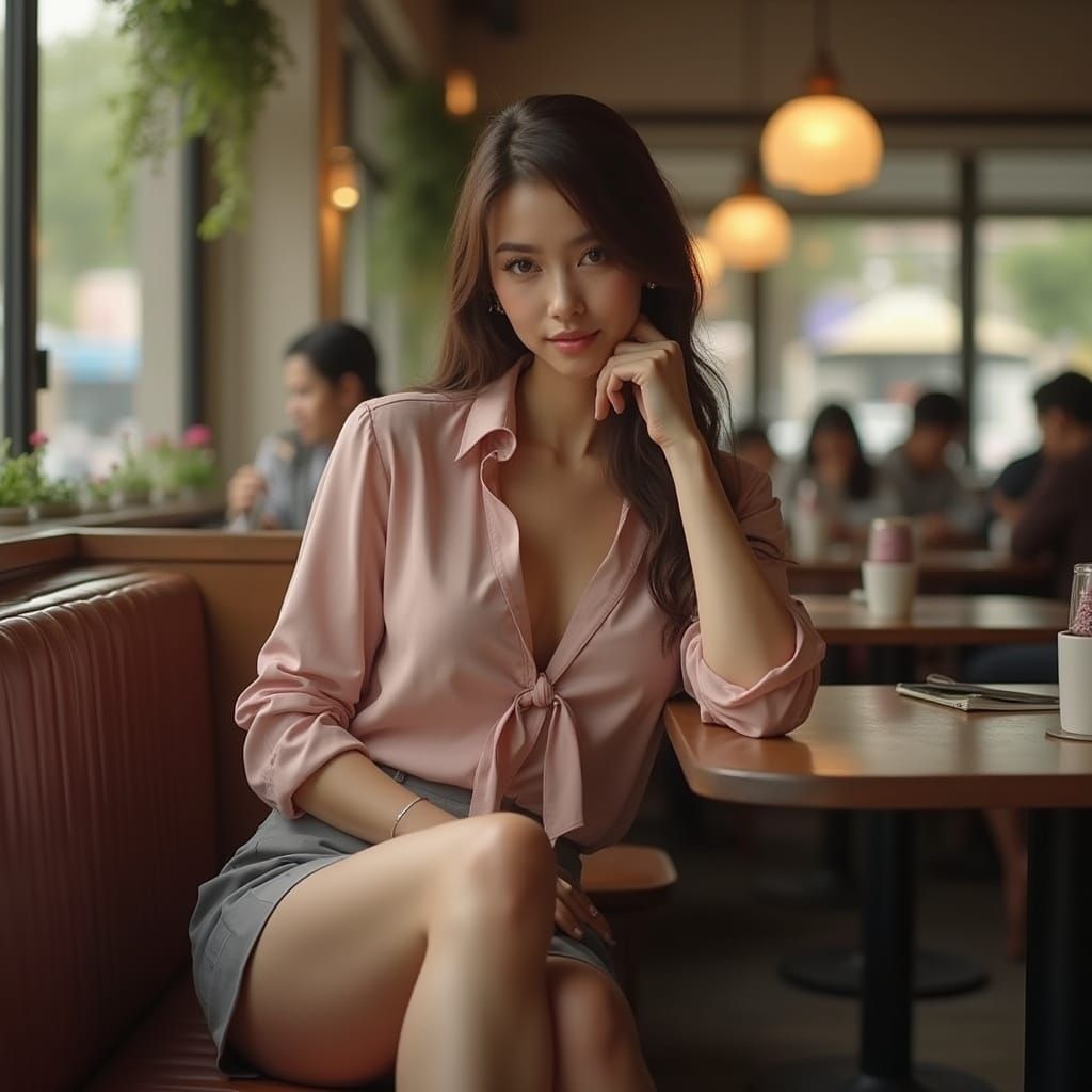 Melancholic Brunette in Cafe, Digital Painting