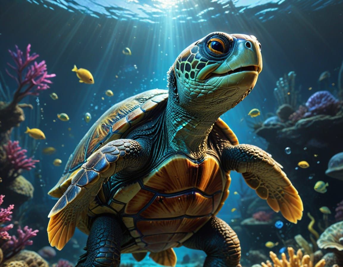 Singing Anthropomorphic Turtle on Stage in Comic Book Style