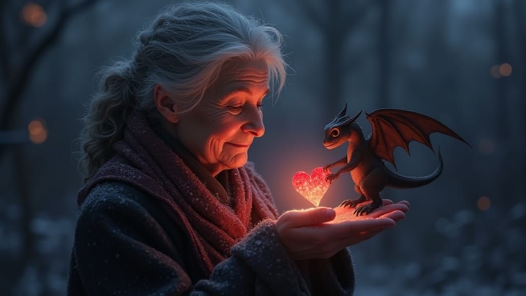 Elderly Woman Cradles Tiny Dragon, Offers Heart