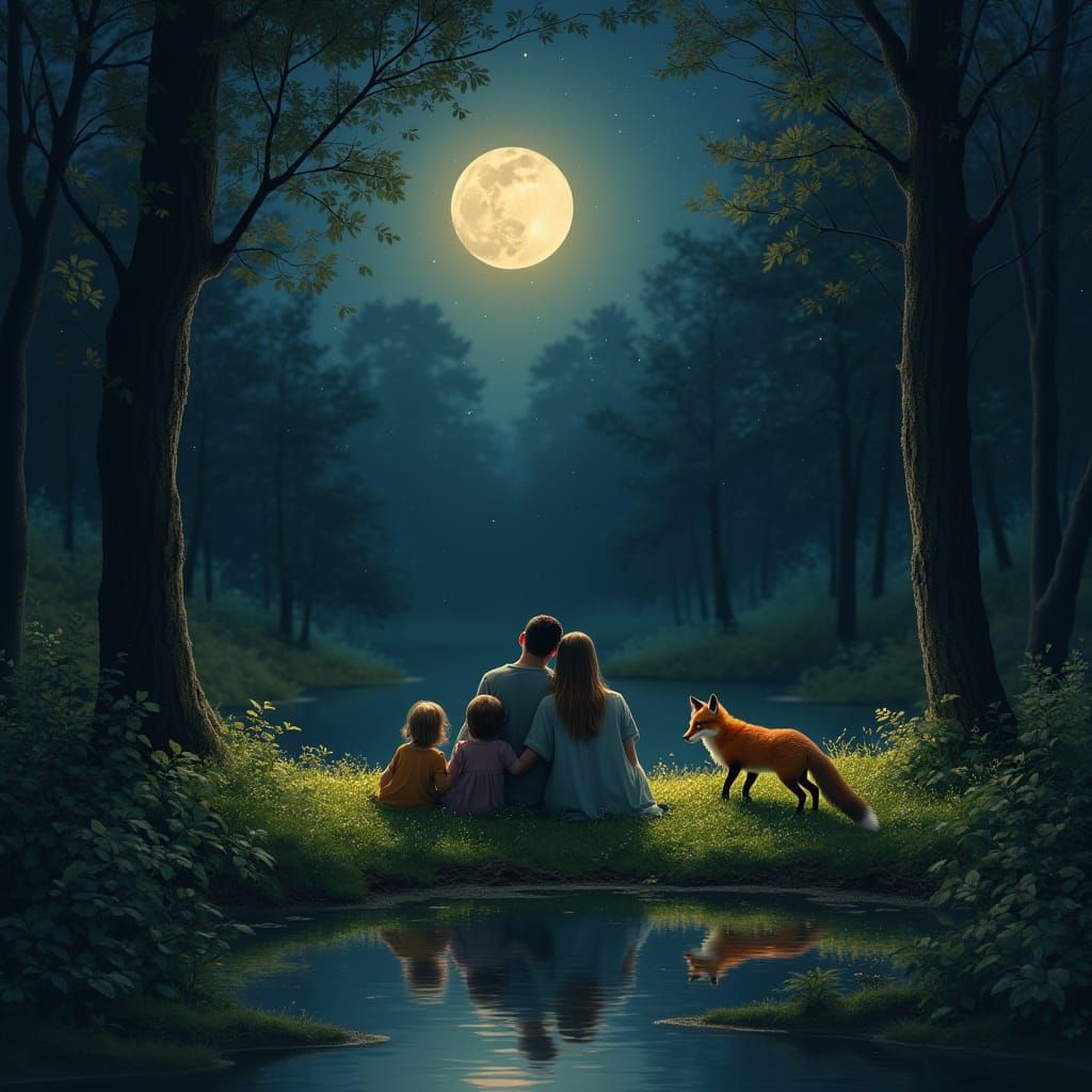 Serene Forest Scene at Night with Family and Golden Fox