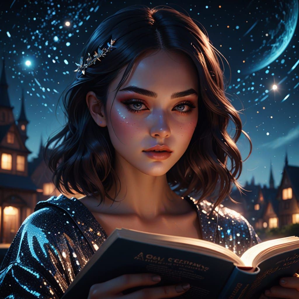 Glamorous Girl Under Starry Night Sky in Cinematic Digital A...