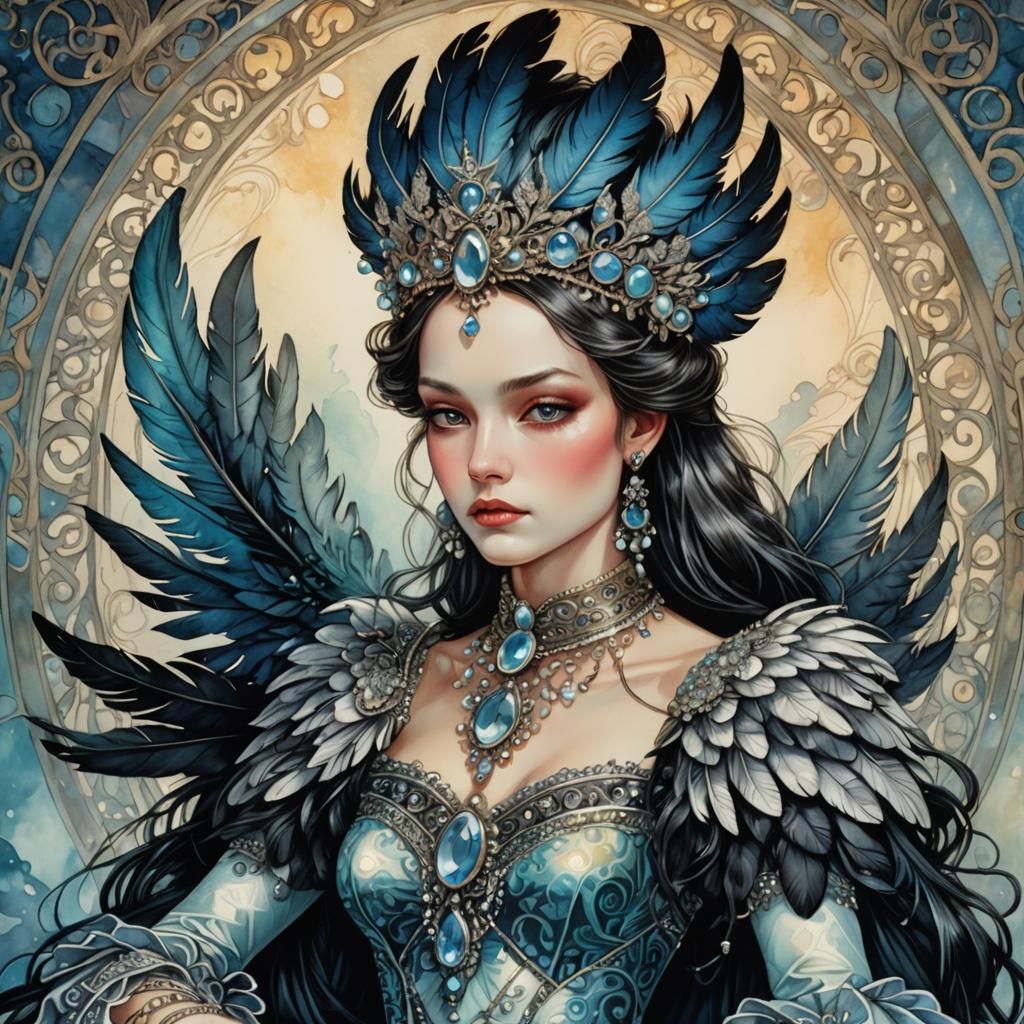 Whimsical Magpie Princess in Delicate, Iridescent Feathers