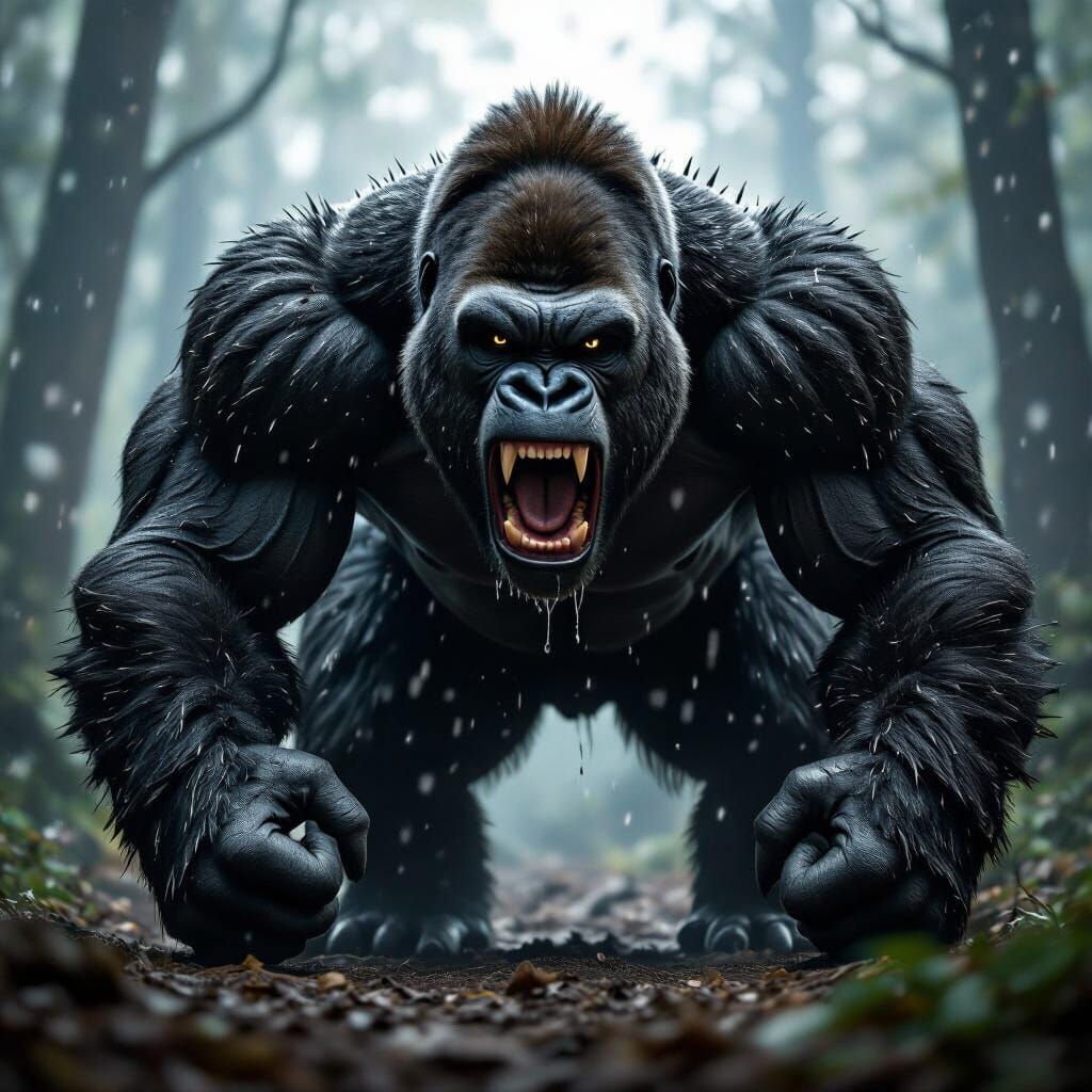 Aggressive Spined Gorilla in Snowy Forest