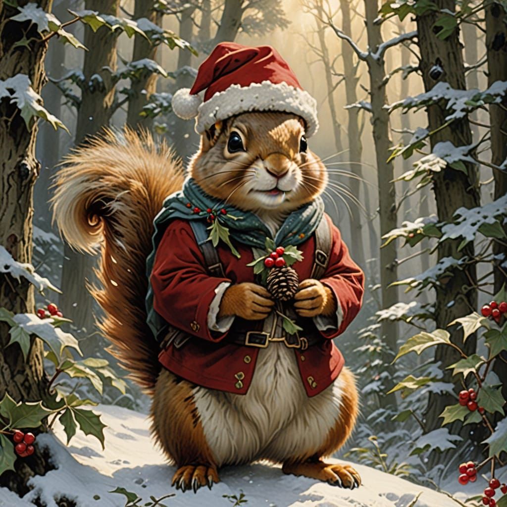 Whimsical Winter Wonderland with Santa Squirrel in Regal Att...