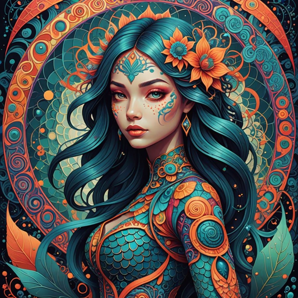 Psychedelic Arachnid Mermaid in Swirling Abstraction