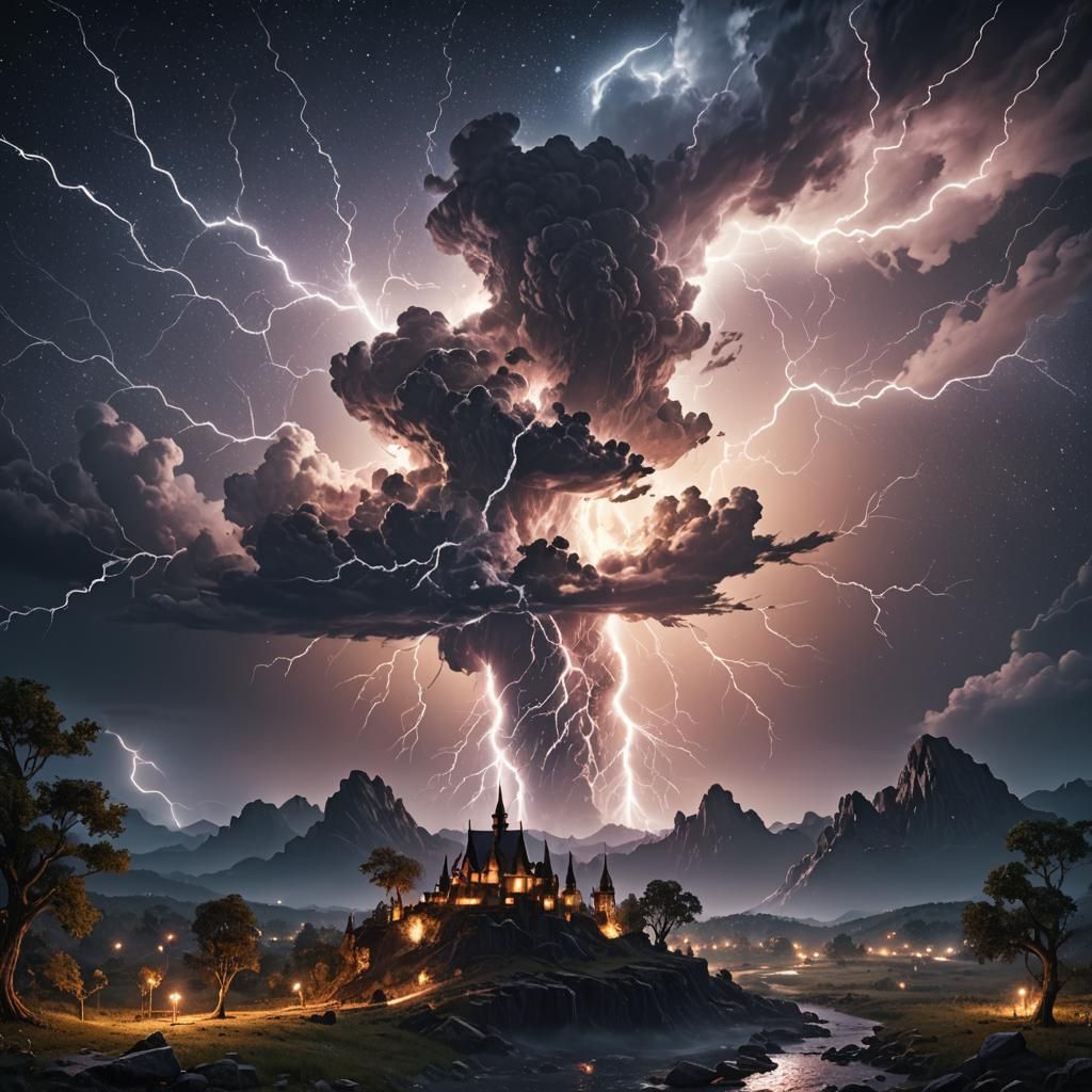 Night Sky with Lightning, Stars and Moon