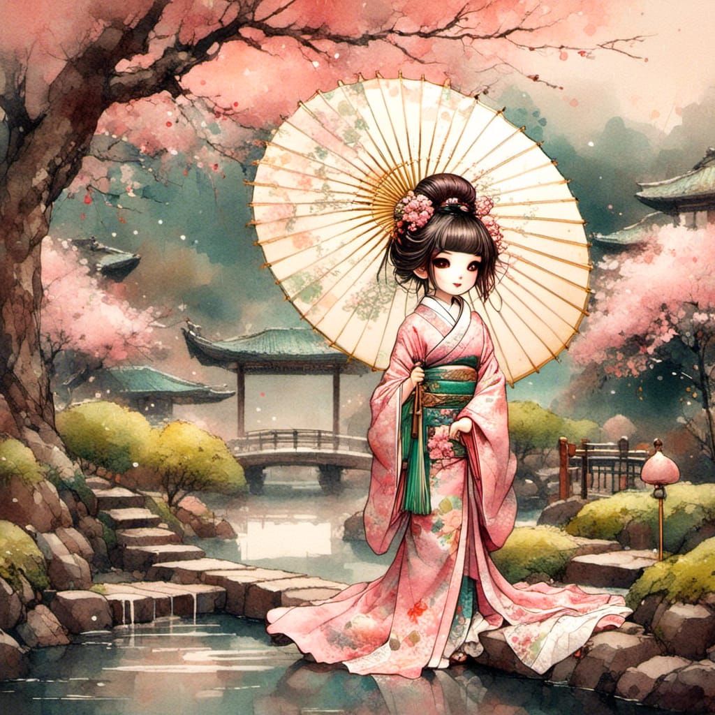 Chibi Geisha in Zen Garden Watercolor Illustration