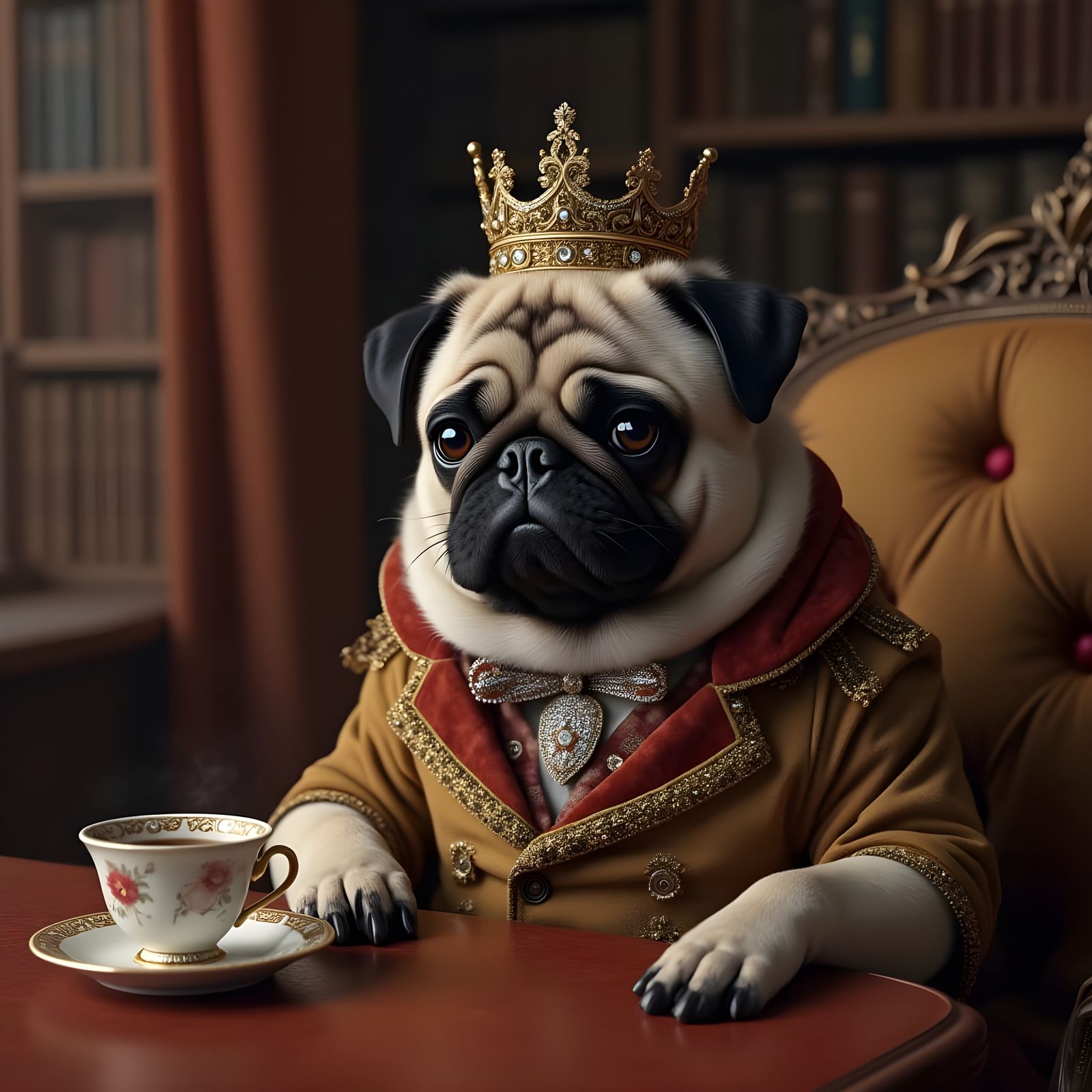 Regal Pug in Grand Library Oil Painting