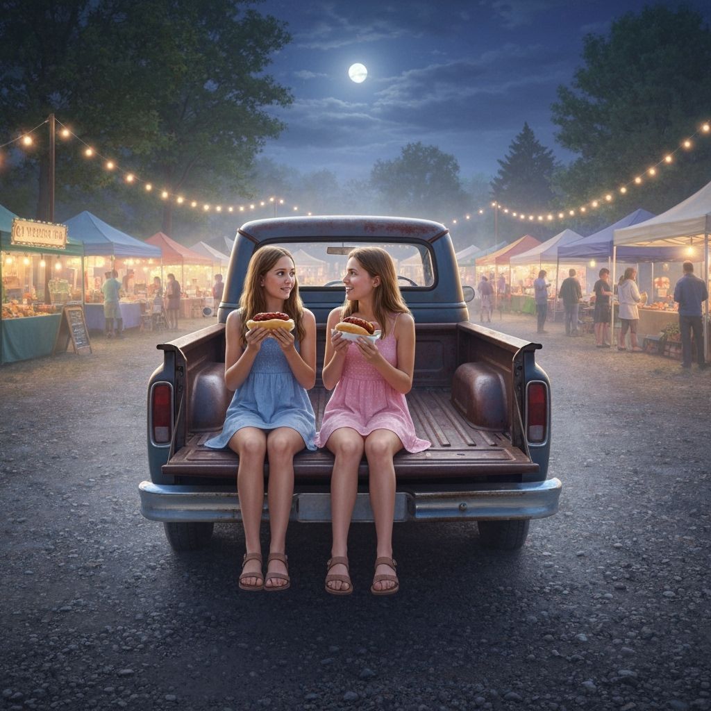 Girls Enjoying Bratwurst at Night Market