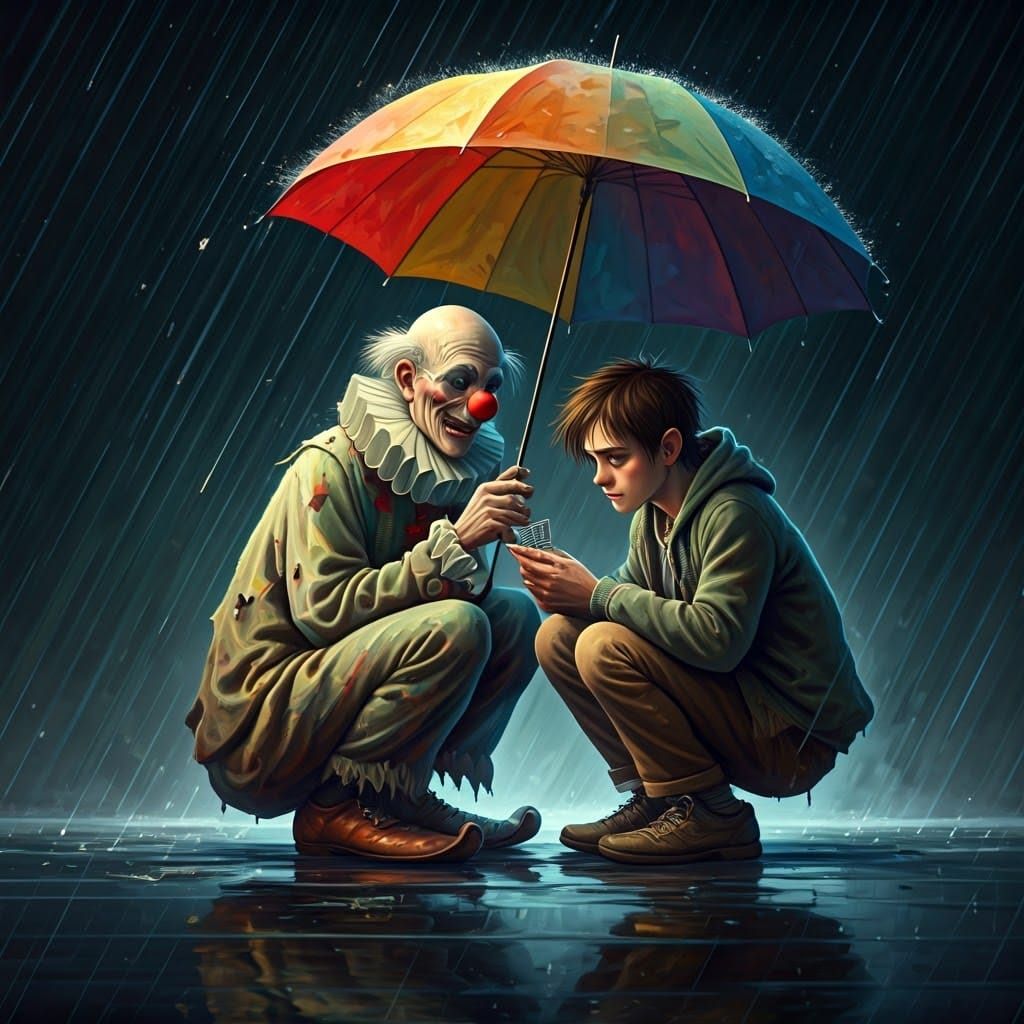 Rainy Night Card Game in a Dreamlike Atmosphere