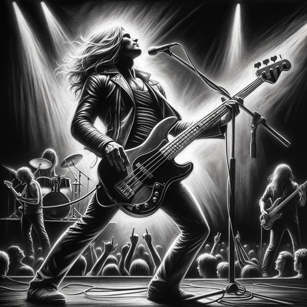 Rock Bassist Takes Center Stage in Charcoal Drawing