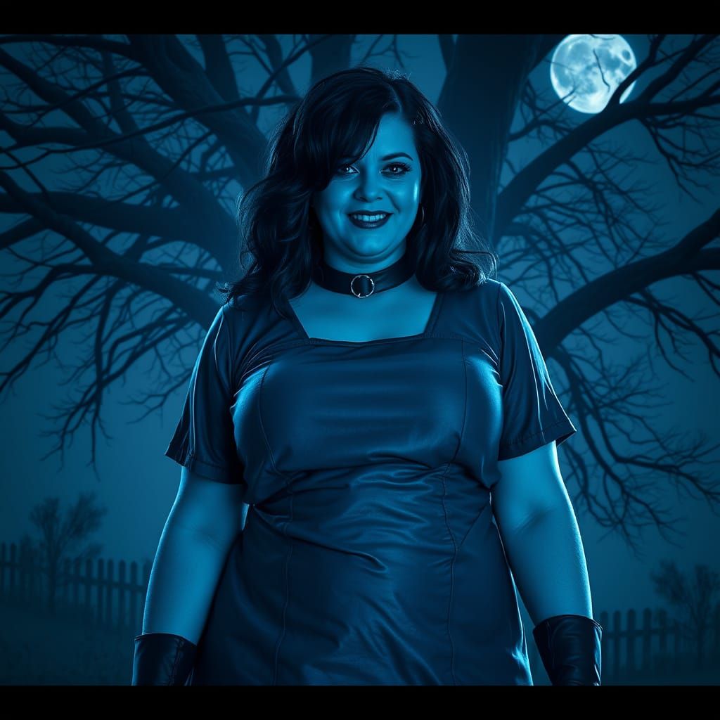 Scary Woman in Blue Leather Dress Under Full Moon