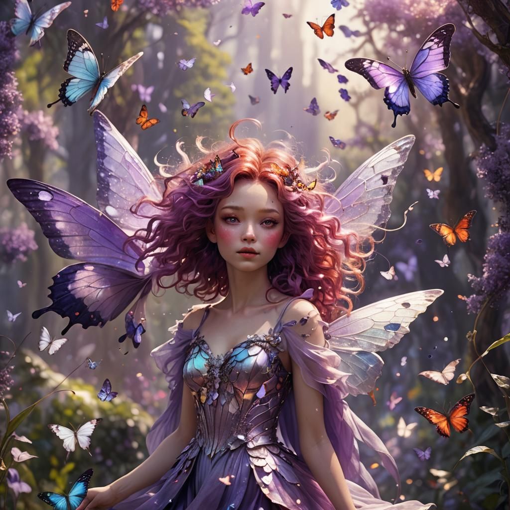 Glittering Purple Fairy with Butterflies, Art Nouveau
