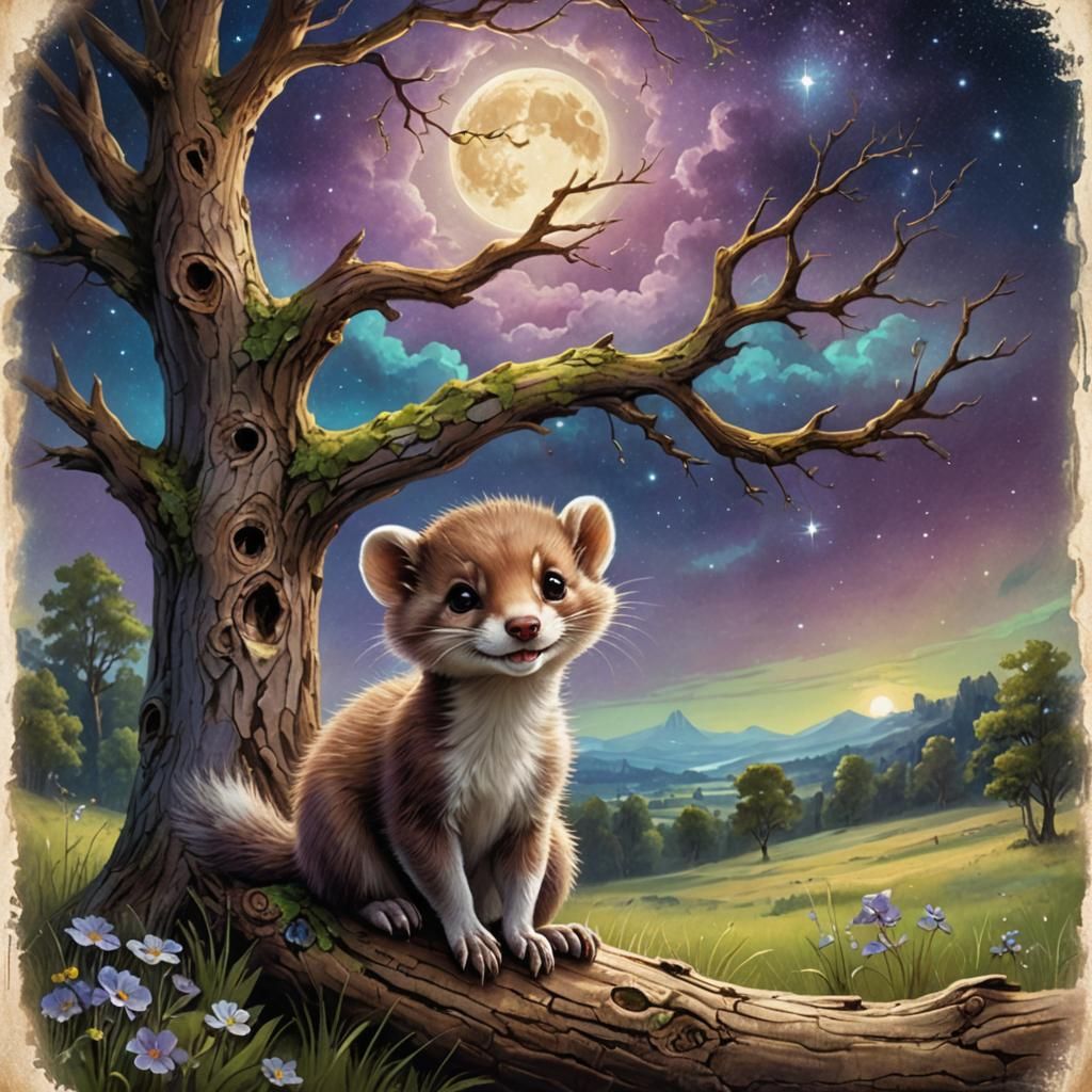 Beautiful cute happy fluffy weasel, summer landscape, old hollow tree, meadow, brown, white, green, blue, purple, smile,...