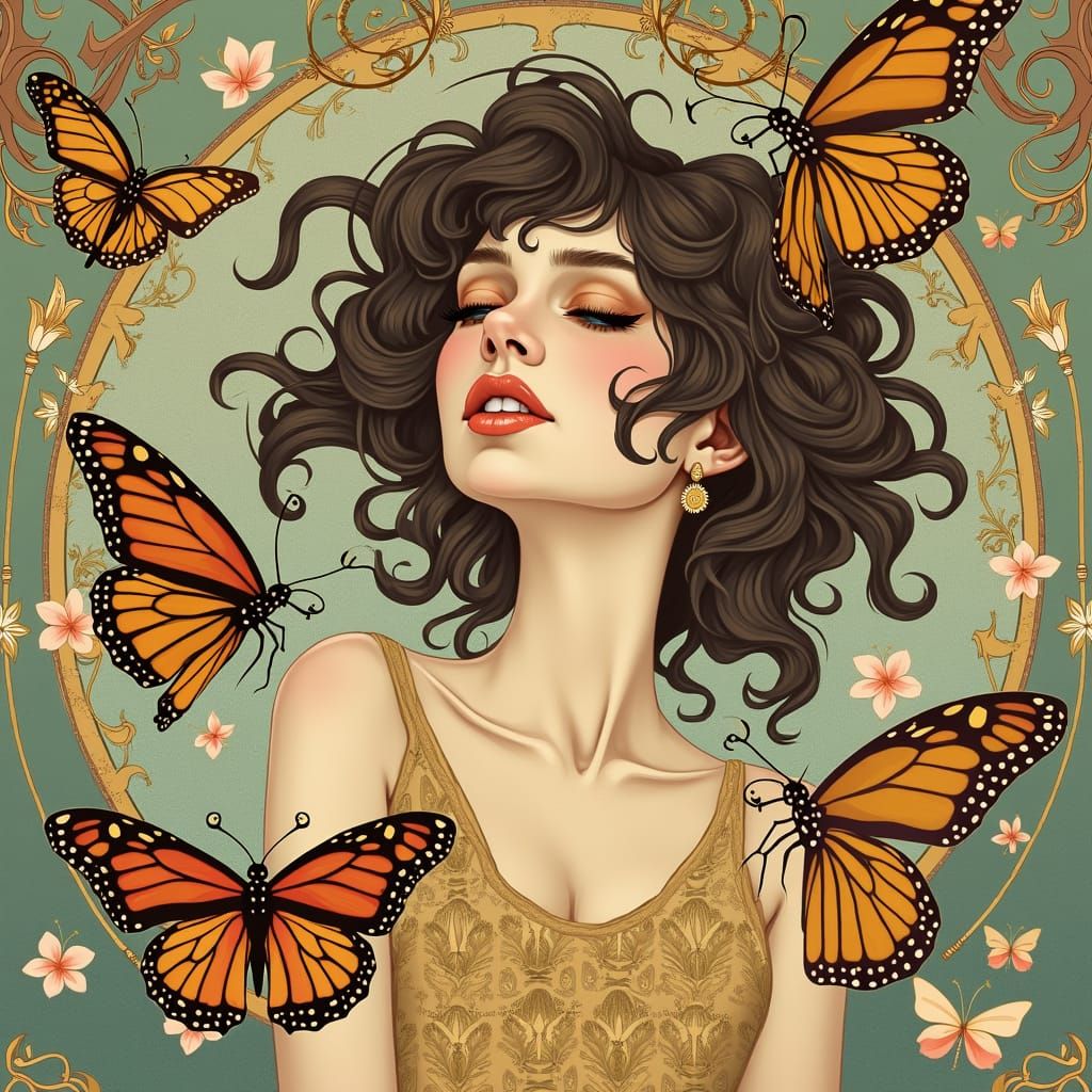 Ethereal Woman in Art Nouveau Style with Lepidoptera