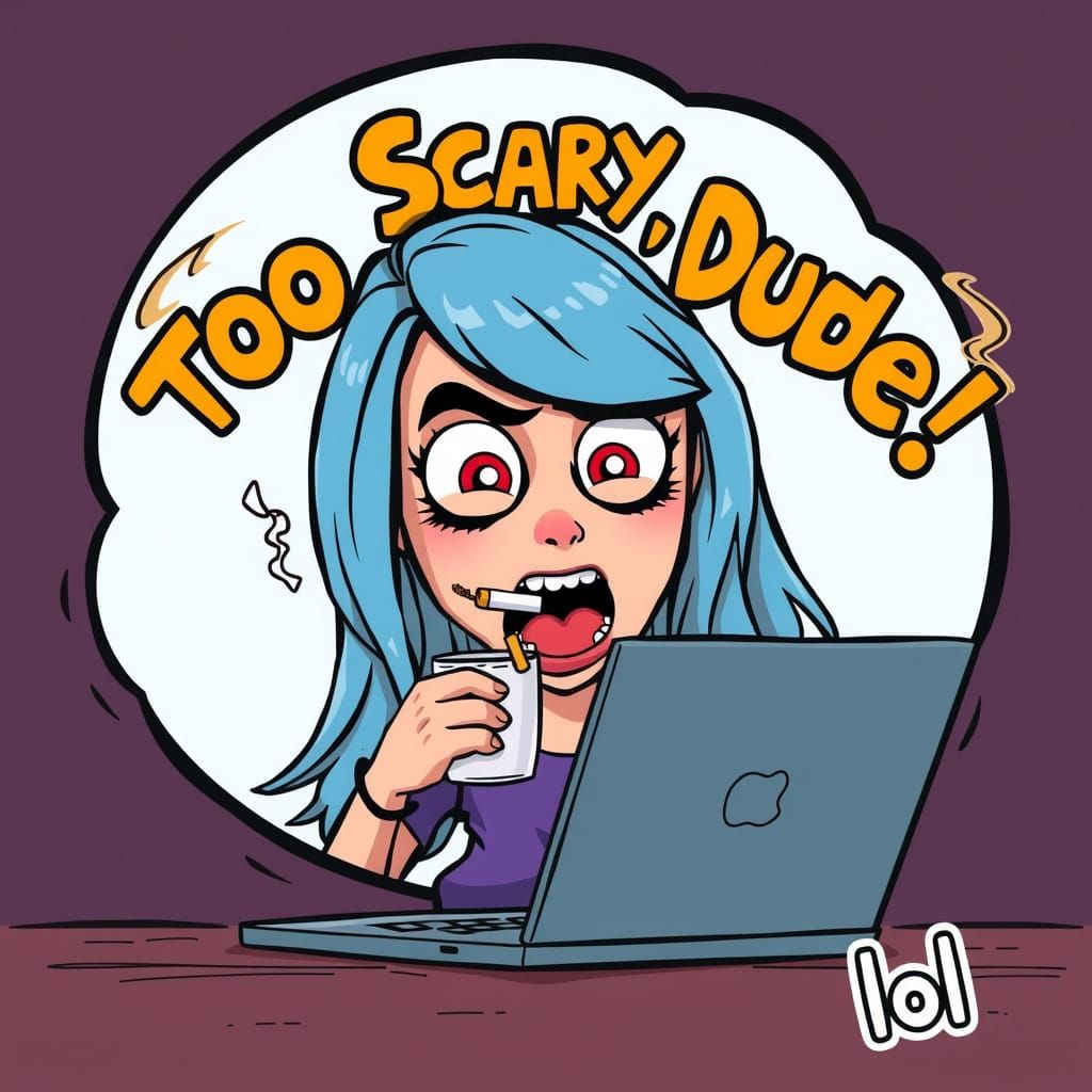 A cartoon woman style of R. CRUMB  with long blue hair at a ...