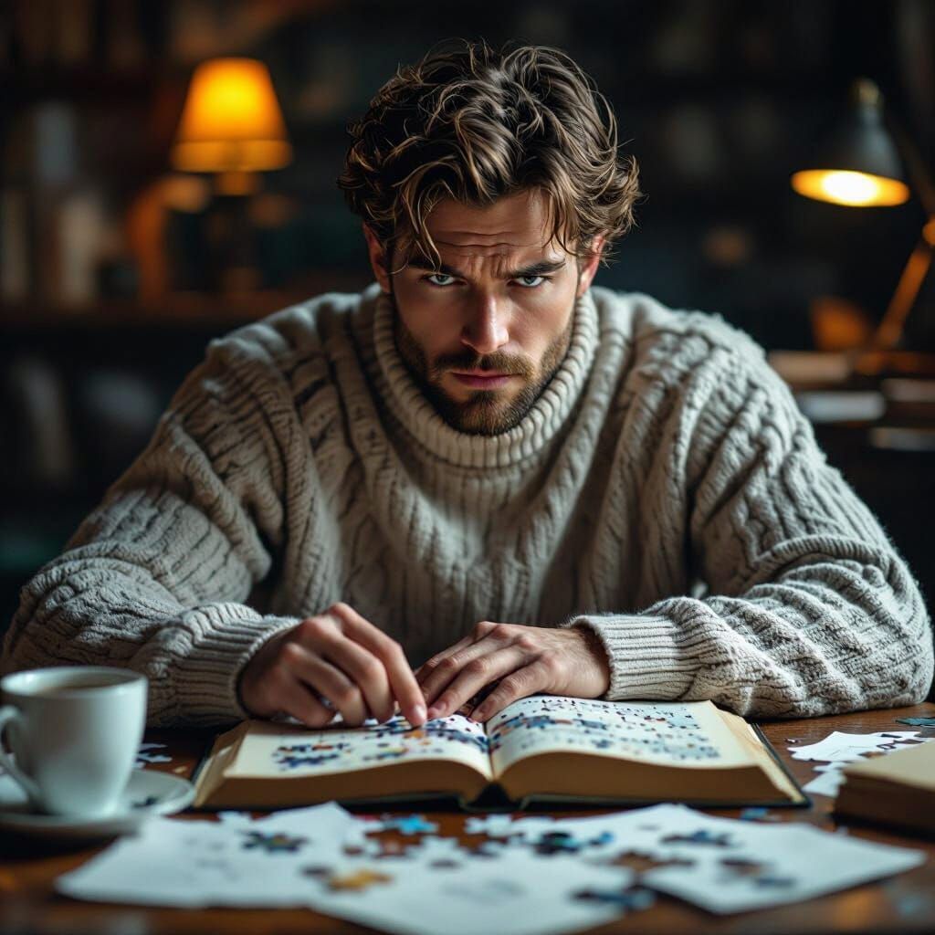 Intense Focus on Puzzle in Film Noir Style