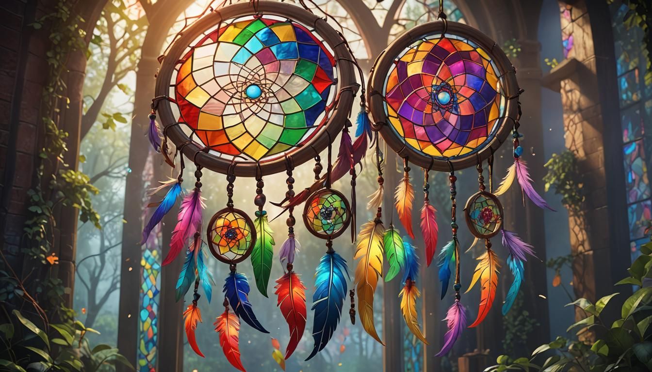 Rainbow Dreamcatcher in Stained Glass Style