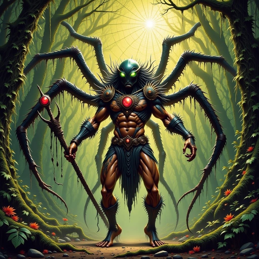 Anansi the Spider God Warrior in Lush Jungle