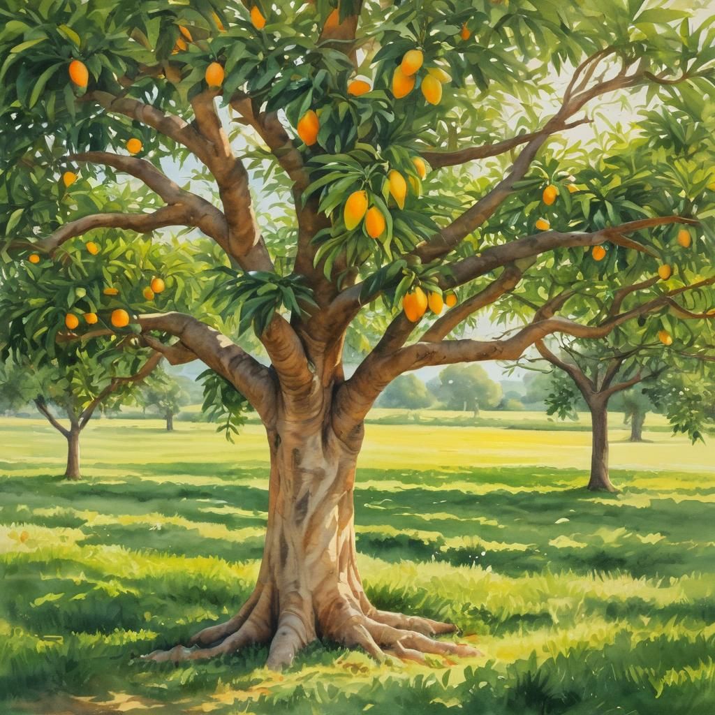 Mango Tree in Field: Vibrant Watercolor Painting