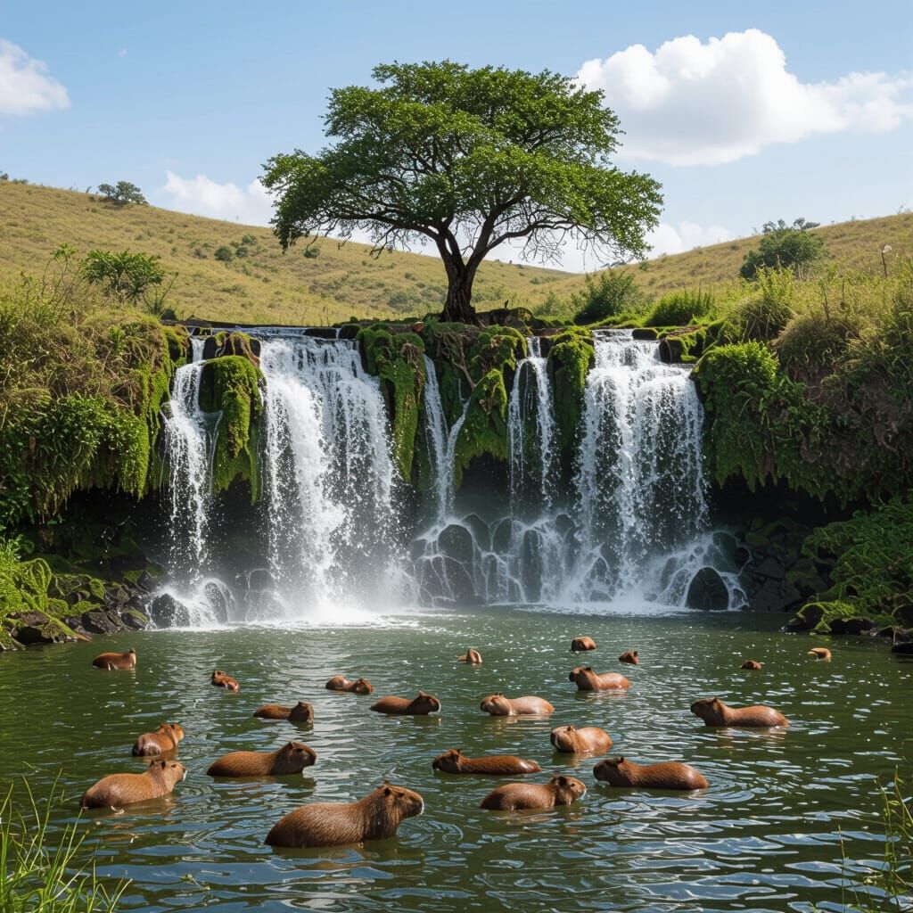 Breathtaking Waterfall Scene with Capybaras