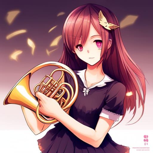 Girl Playing French Horn in Anime Style