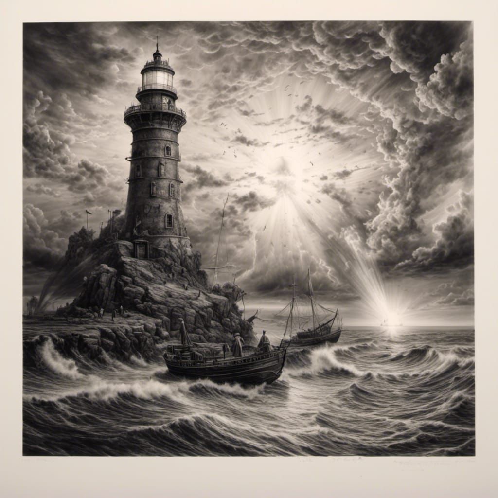 Lost Ship Guided by Lighthouse: Charcoal Drawing