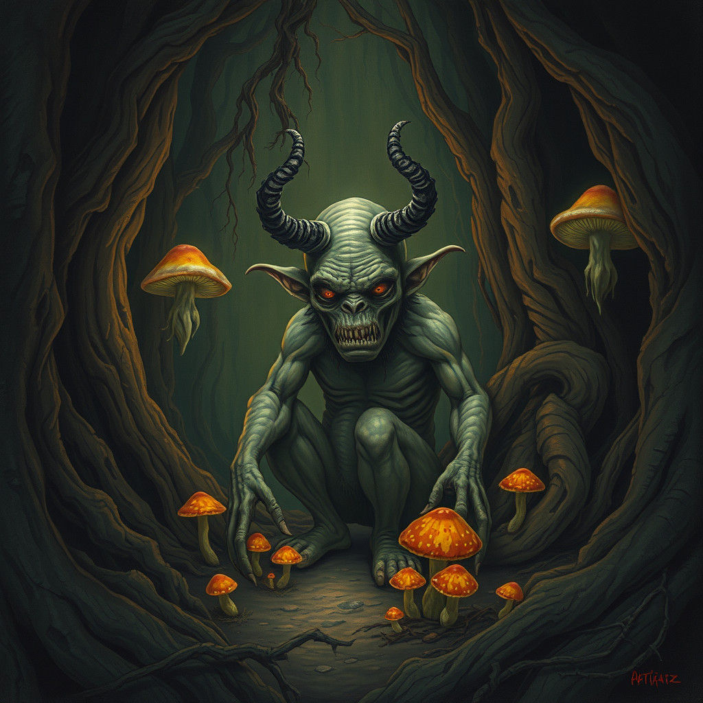 Mystical Ogre in Dimly Lit Forest, Grotesque Realism