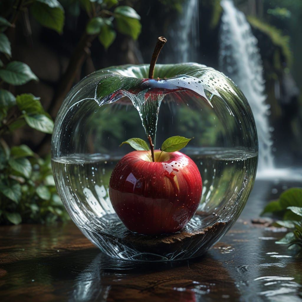 Hyperrealistic Glass Apple with Majestic Waterfall
