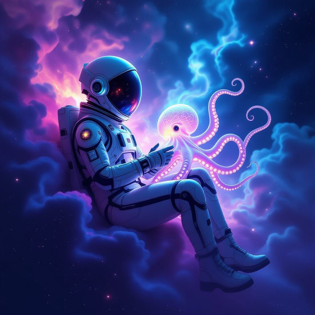 Astronaut with Bioluminescent Octopus in Nebula