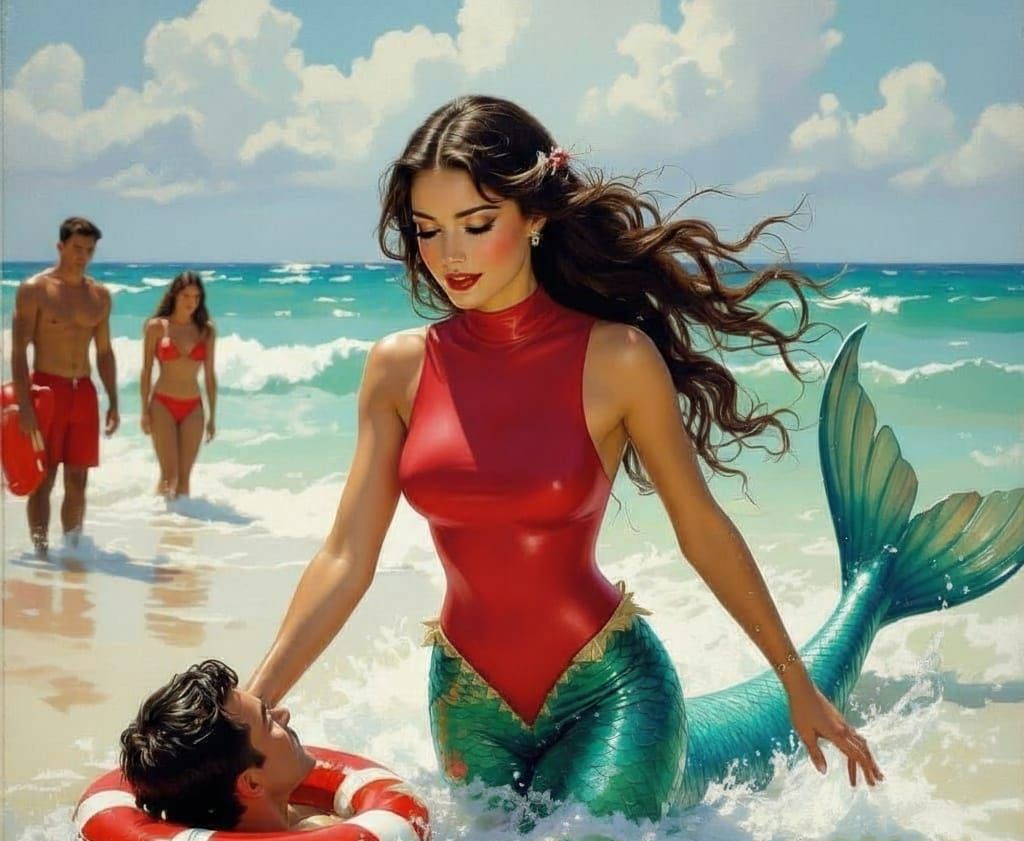 Mermaid Lifeguard Saves Tourist on Beach