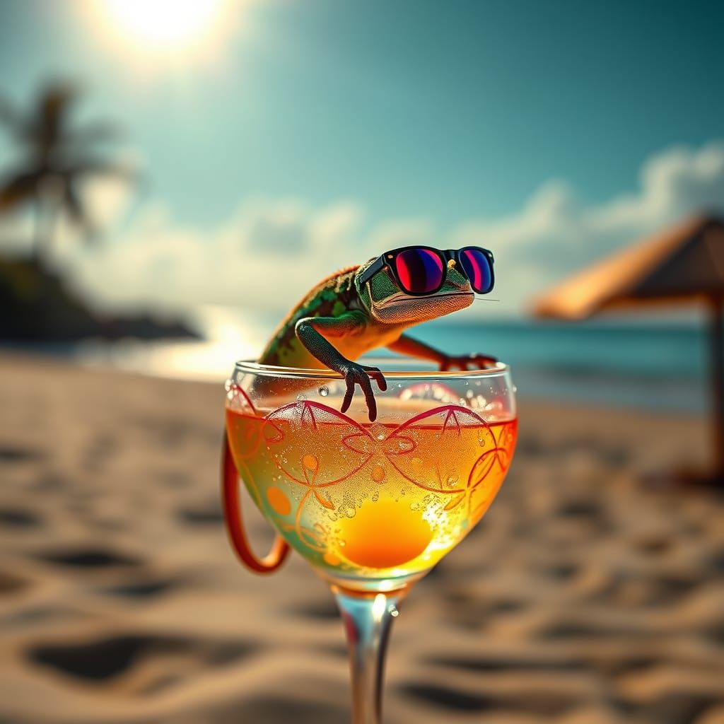 Surreal Beachside Cocktail Scene with Chameleon in Sunglasse...